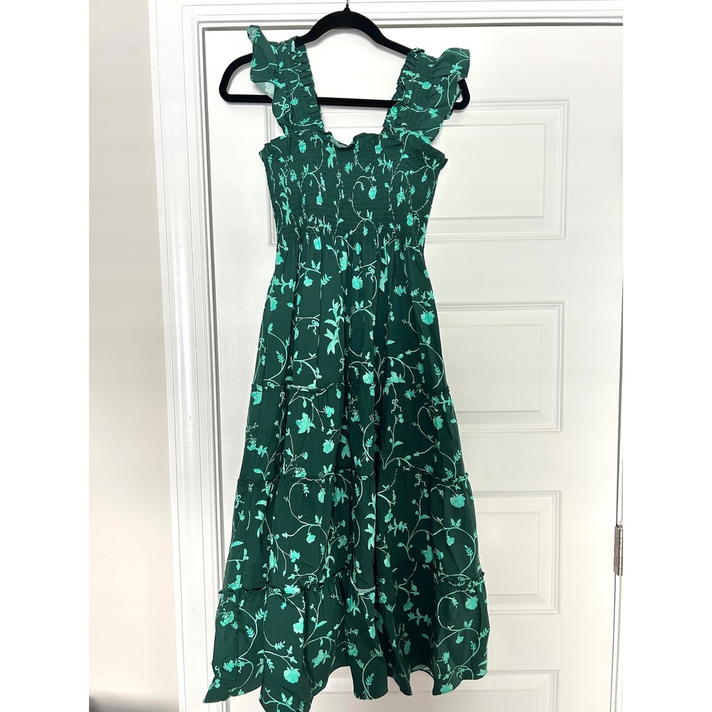 Hill House Home The Ellie‎ Nap Dress Green Floral Smocked Tiered Midi XS - Picture 3 of 5